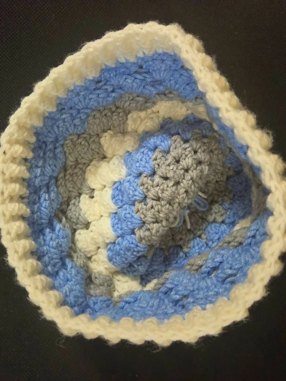 Handmade Crochet Pom Pom Beanie Hat Blue Grey Cream Stripe Winter Cap Cozy L